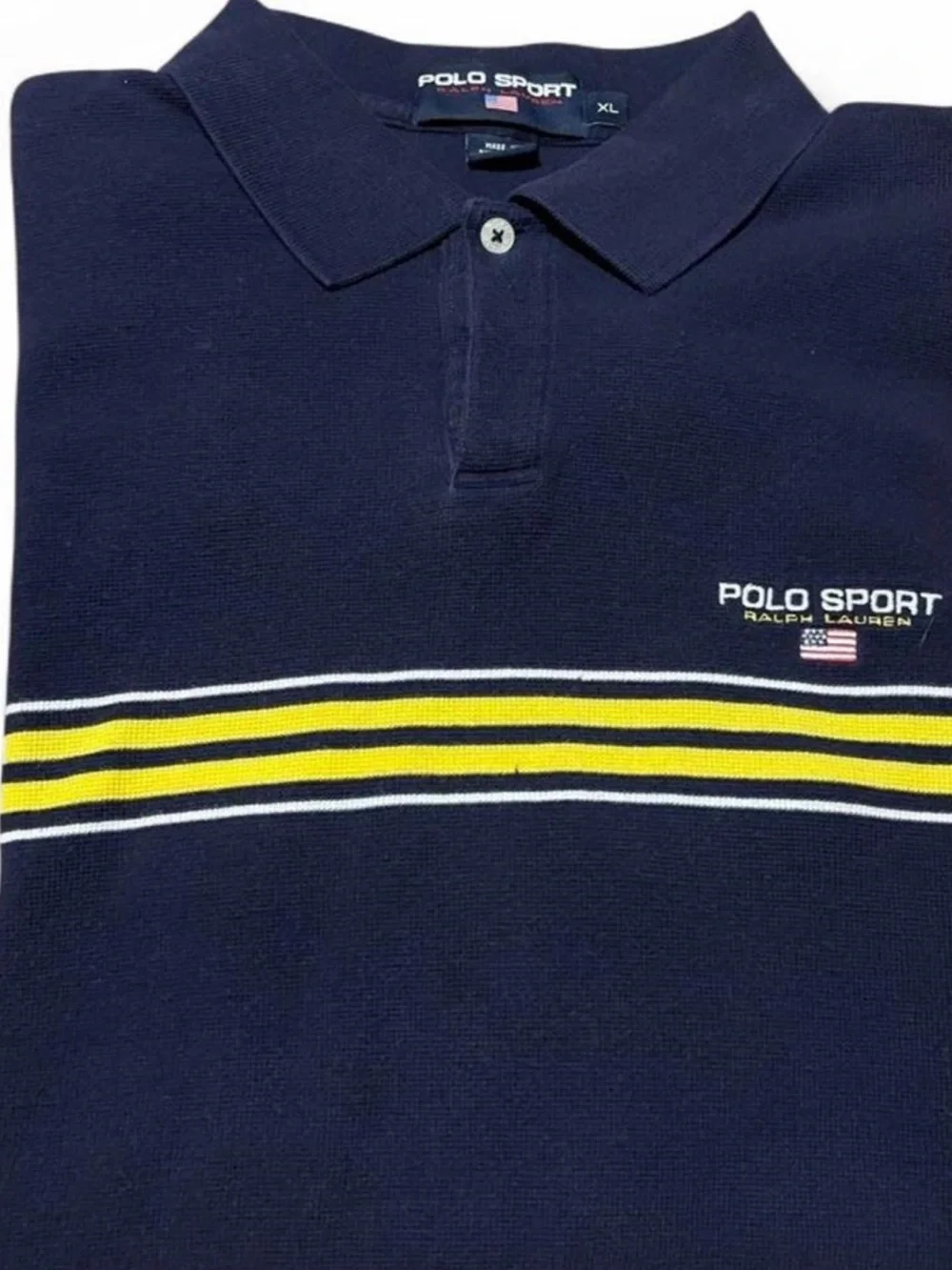 Vintage 90s Polo Sport Ralph Lauren Striped Polo Shirt Navy Blue Yellow XL